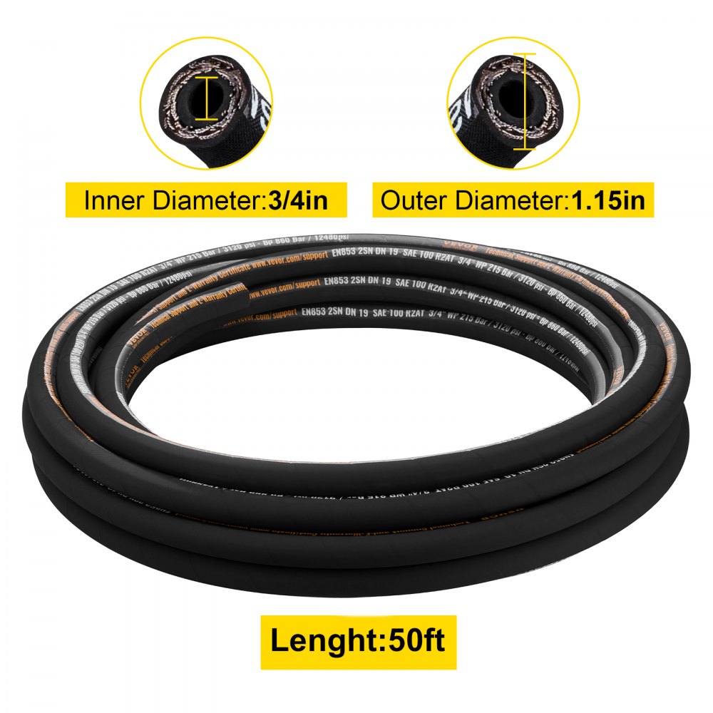 Manguera hidráulica VEVOR de 3/4 de pulgada x 50 pies, manguera hidráulica en espiral de 3120 PSI, manguera hidráulica de goma con 2 trenzas de acero de alta resistencia, manguera hidráulica a granel de -20 ℃ a 140 ℃, manguera flexible para aceite hidráulico