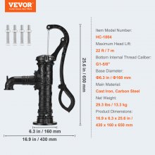 VEVOR Bomba de agua manual antigua Bomba de jarra de 14,6 x 5,9 x 25,6 pulgadas con mango Bomba de pozo de hierro fundido con orificios preestablecidos de 0,5 pulgadas para una fácil instalación Bomba manual de jarra antigua para estanques de jardín Jardín Negro