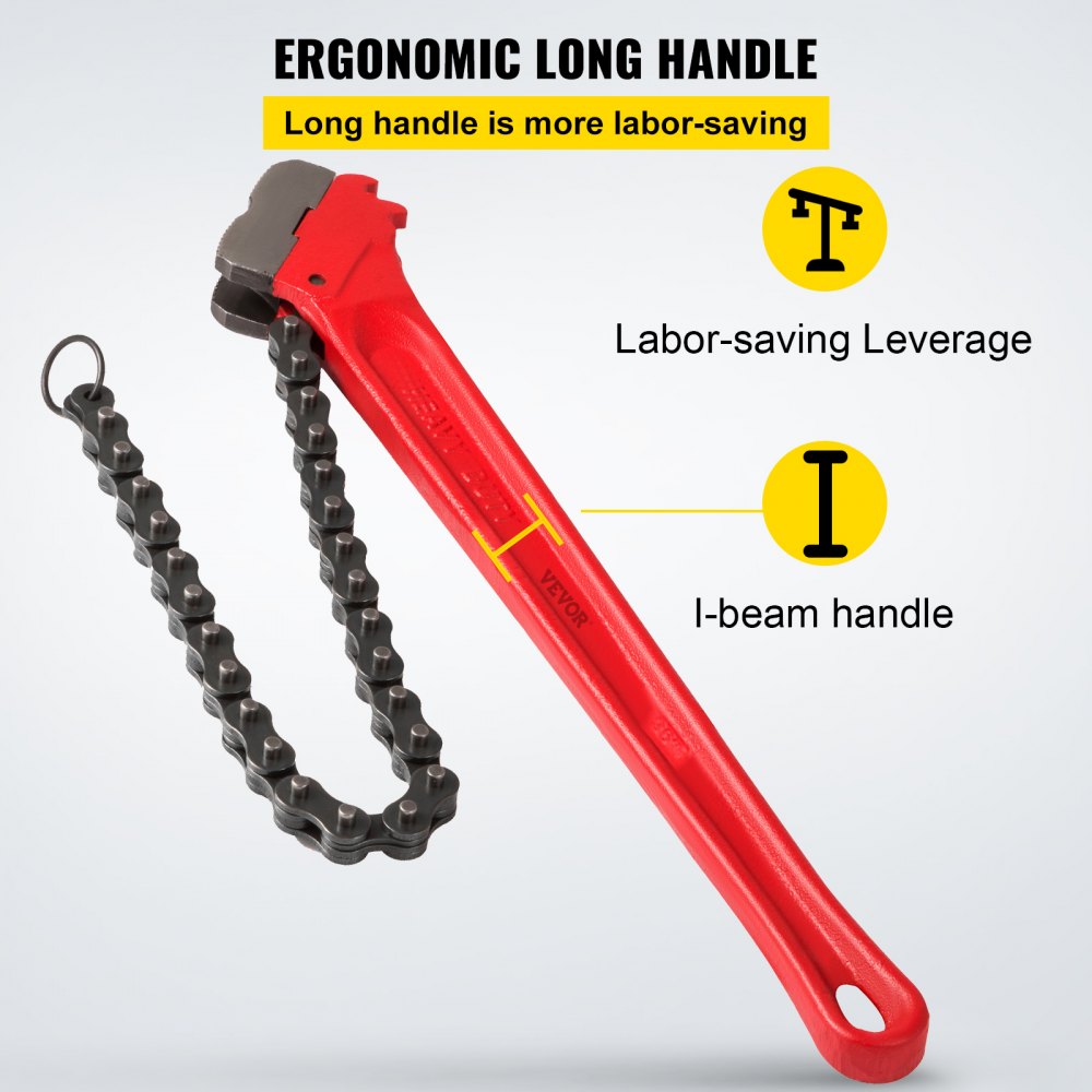 Llave de cadena roja VEVOR con mango largo ergonómico y apalancamiento que ahorra trabajo.