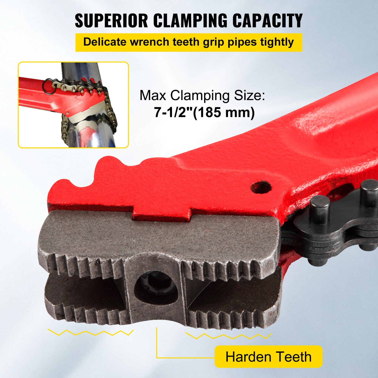 Llave de cadena VEVOR con capacidad de sujeción superior y dientes endurecidos para mayor agarre.