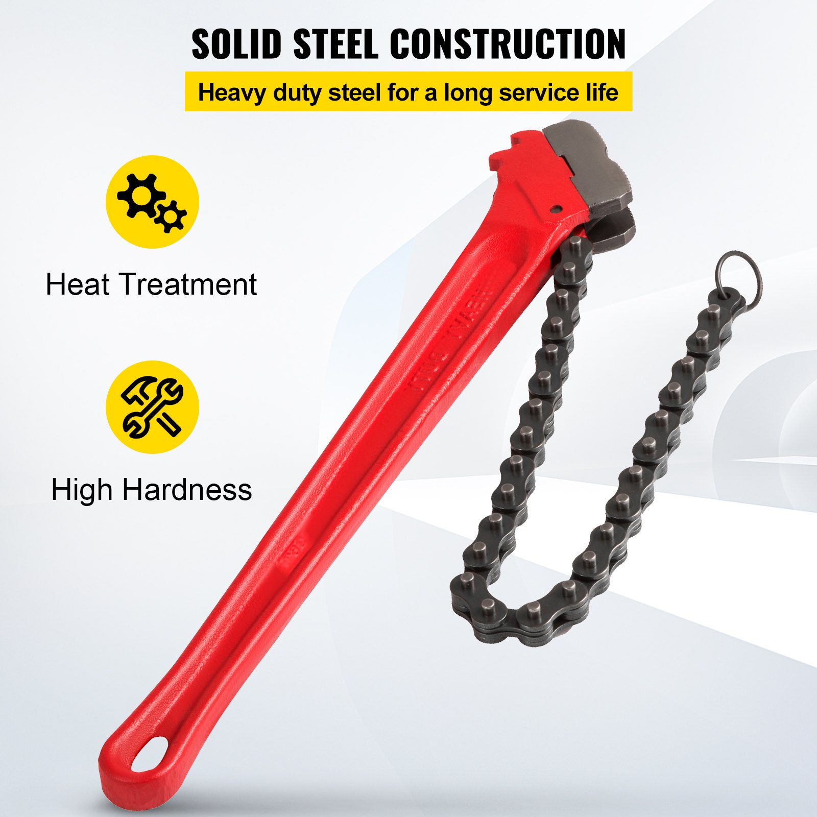 Llave de cadena VEVOR roja con construcción de acero sólido, tratamiento térmico y alta dureza.
