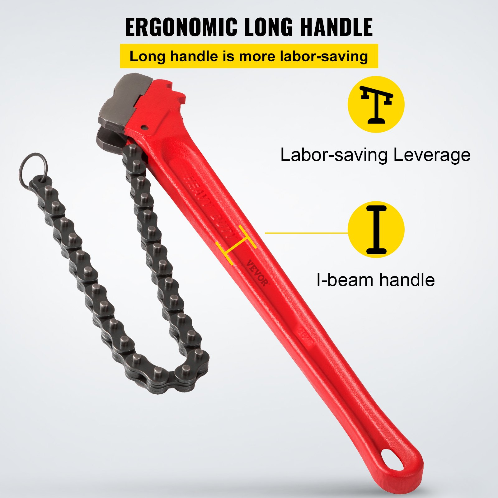 Llave de cadena roja VEVOR con mango largo ergonómico y apalancamiento que ahorra trabajo.