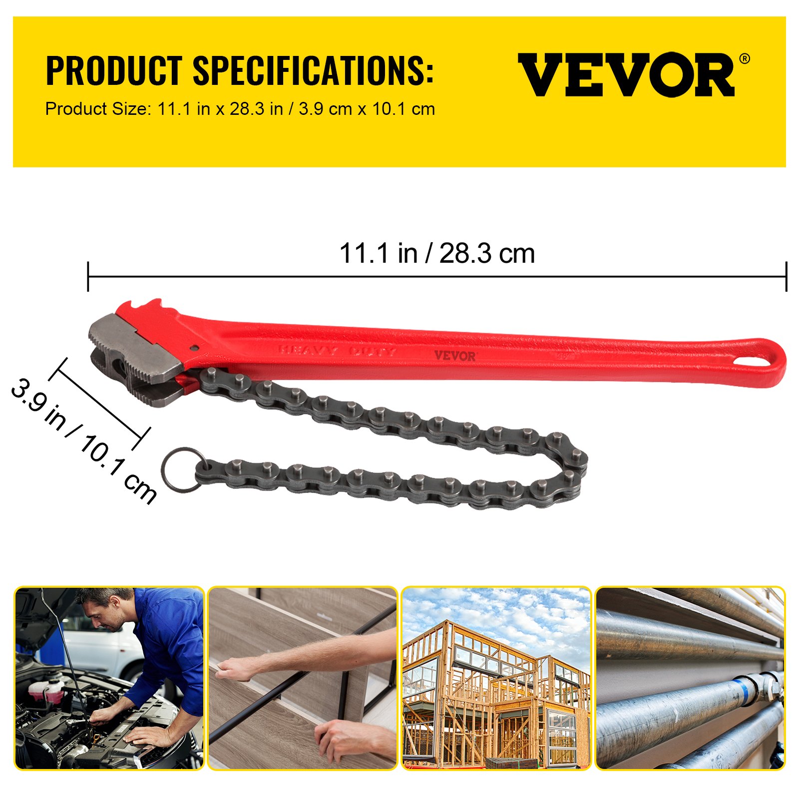 Llave de cadena VEVOR con especificaciones y aplicaciones prácticas en diversas tareas.