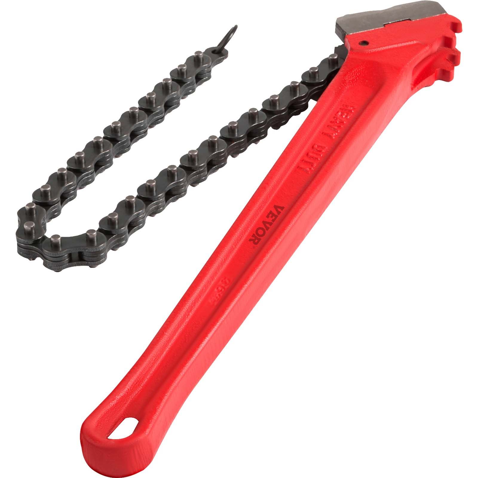 Llave de cadena VEVOR roja con detalles de cadena de metal resistente y diseño de mango ergonómico.