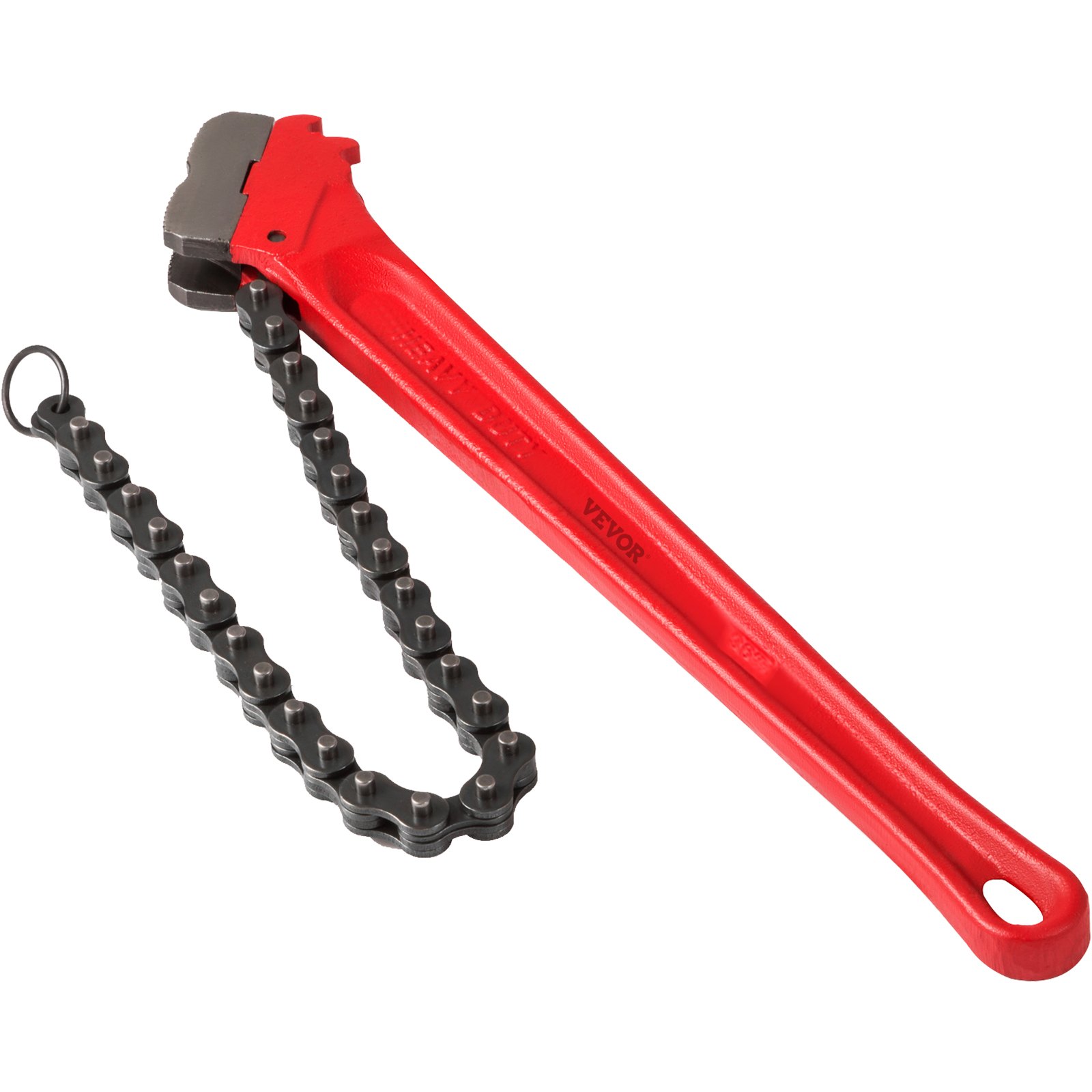 Llave de cadena VEVOR roja con cadena negra y mango de mordaza metálico.