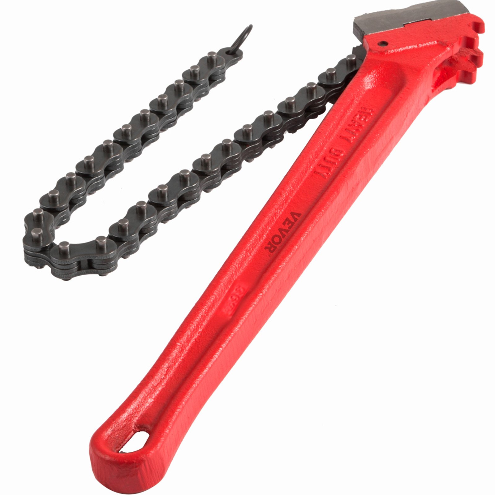 Llave de cadena roja VEVOR con cadena negra utilizada para apretar y aflojar tuberías.