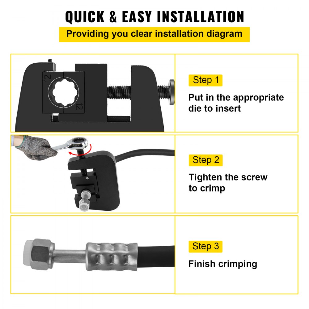 Pasos para utilizar el kit de engarce de manguera de aire acondicionado VEVOR: inserte la matriz, apriete el tornillo y termine de engarzar.