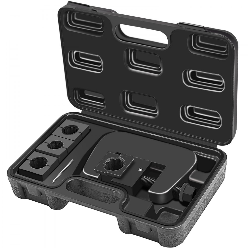 Kit de crimpado de mangueras de aire acondicionado VEVOR en un estuche de transporte negro con matrices intercambiables.