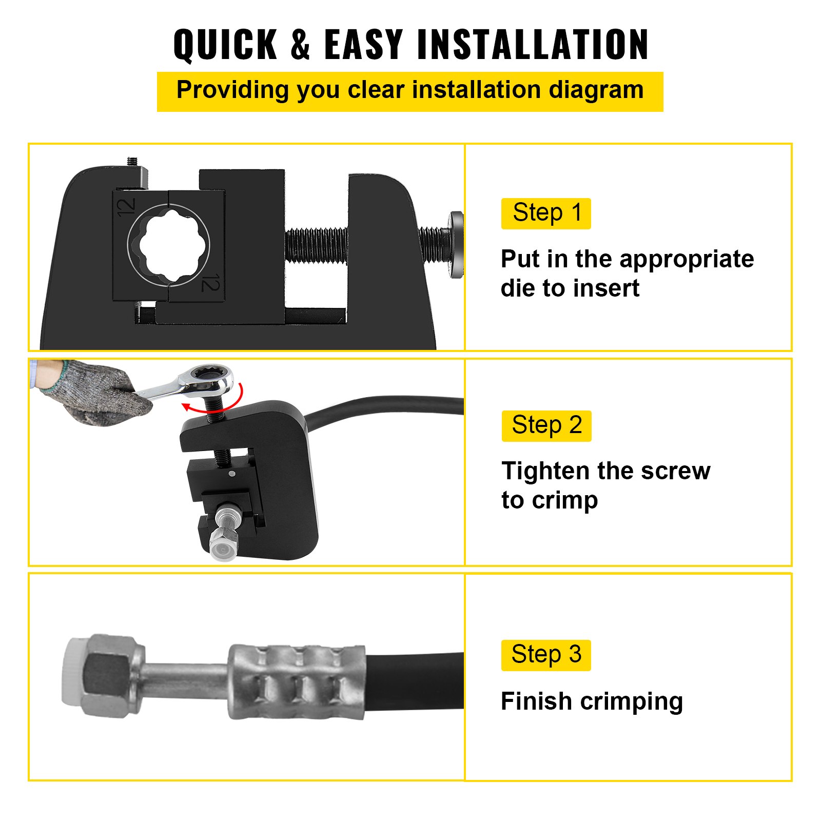 Pasos para utilizar el kit de engarce de manguera de aire acondicionado VEVOR: inserte la matriz, apriete el tornillo y termine de engarzar.