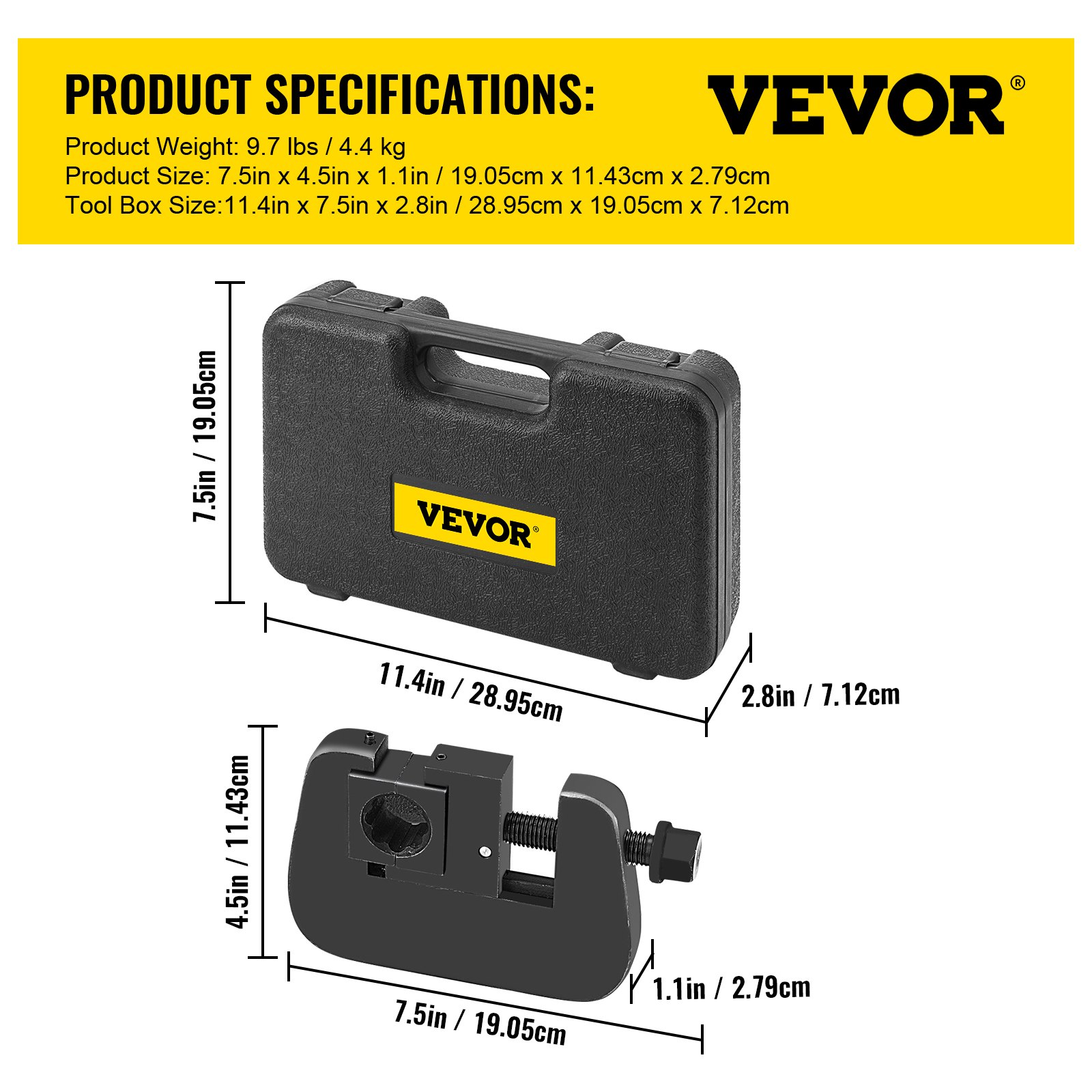 Kit de crimpadora de mangueras de aire acondicionado VEVOR con estuche y dimensiones: 19,05 cm x 11,43 cm x 2,79 cm.