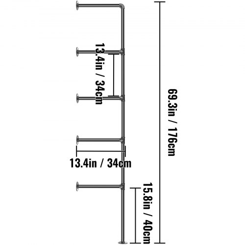 VEVOR Estantes industriales para tuberías de 5 niveles para montar en la pared, estantes para tuberías de hierro, 4 piezas, estanterías para tuberías, estanterías para tuberías de bricolaje negras vintage, cada una con capacidad para 44 libras, estanterías de cocina abiertas para dormitorio y sala de estar con accesorios
