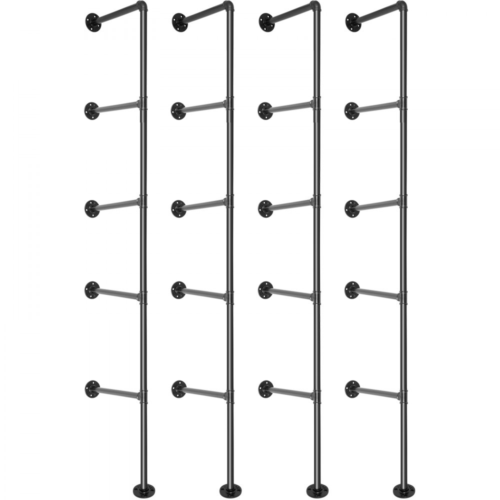 VEVOR Estantes industriales para tuberías de 5 niveles para montar en la pared, estantes para tuberías de hierro, 4 piezas, estanterías para tuberías, estanterías para tuberías de bricolaje negras vintage, cada una con capacidad para 44 libras, estanterías de cocina abiertas para dormitorio y sala de estar con accesorios