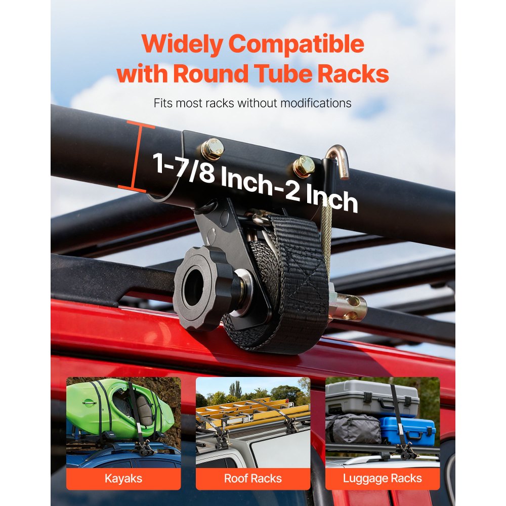 Correas de trinquete VEVOR para portaescaleras, montaje en tubo redondo negro de 4,8 a 5 cm, 3,8 cm de ancho x 2,2 m de largo, con ganchos dobles en J, capacidad de carga de 227 kg, correas de carga resistentes con hebilla de seguridad (paquete de 4)