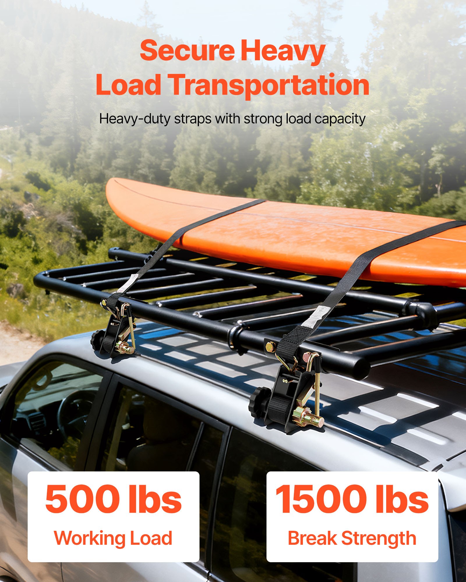 Correas de trinquete VEVOR para portaescaleras, montaje en tubo redondo negro de 4,8 a 5 cm, 3,8 cm de ancho x 2,2 m de largo, con ganchos dobles en J, capacidad de carga de 227 kg, correas de carga resistentes con hebilla de seguridad (paquete de 4)