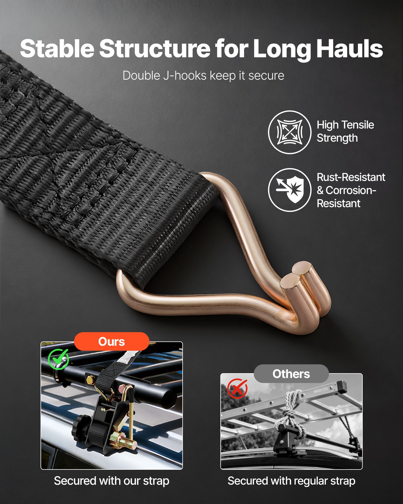 Correas de trinquete VEVOR para portaescaleras, montaje en tubo redondo negro de 4,8 a 5 cm, 3,8 cm de ancho x 2,2 m de largo, con ganchos dobles en J, capacidad de carga de 227 kg, correas de carga resistentes con hebilla de seguridad (paquete de 4)