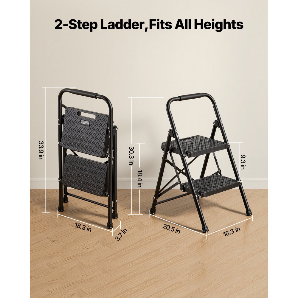 VEVOR Escalera Plegable de 2 Peldaños, Escalera de Tijera con Estructura de Acero, Capacidad de Carga Máx. 272 kg, con Asa Superior de Goma y Pies Antideslizantes, Utensilio para Hogar Cocina Oficina