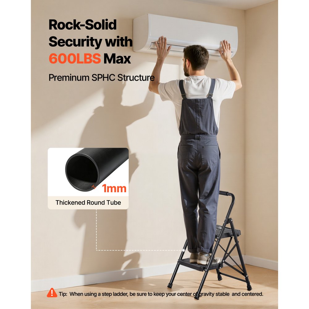 VEVOR Escalera Plegable de 2 Peldaños, Escalera de Tijera con Estructura de Acero, Capacidad de Carga Máx. 272 kg, con Asa Superior de Goma y Pies Antideslizantes, Utensilio para Hogar Cocina Oficina