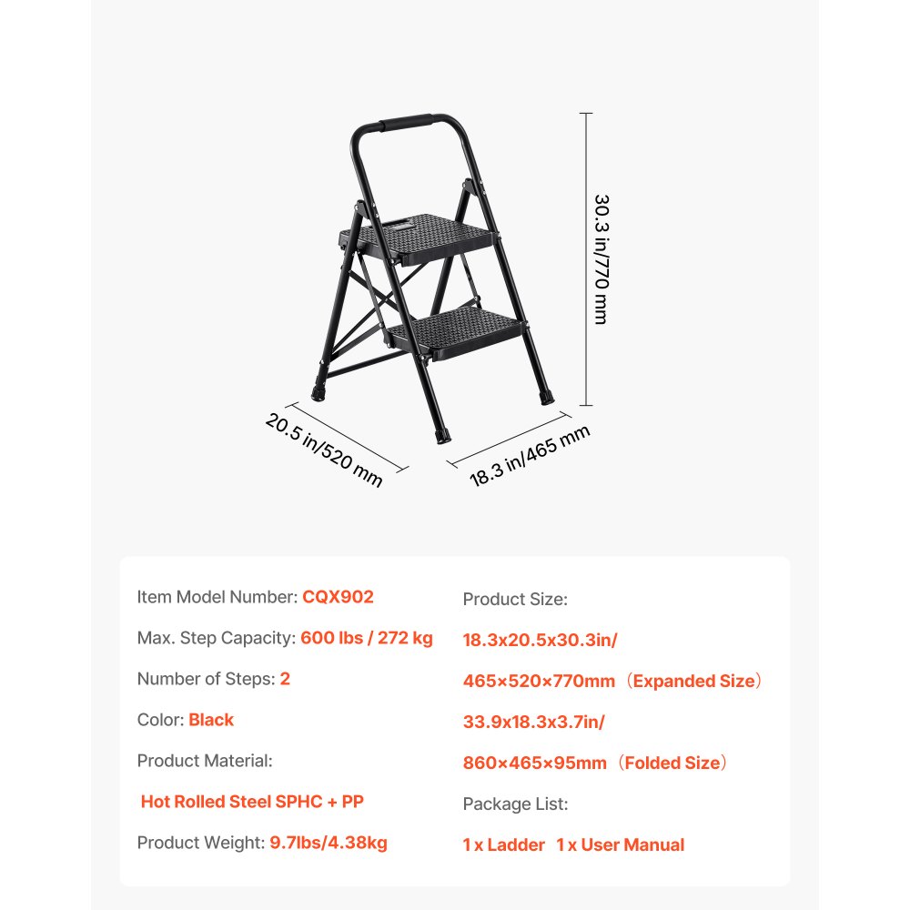 Escalera plegable VEVOR de 2 peldaños, con pedal ancho antideslizante y empuñadura cómoda, ligera, con capacidad para 272 kg (600 lbs), de acero portátil, multiusos para cocina, hogar, oficina, color negro.