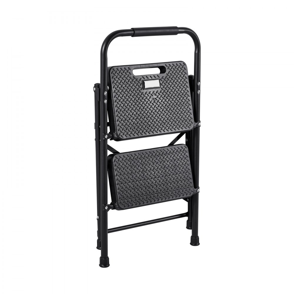 Escalera plegable VEVOR de 2 peldaños, con pedal ancho antideslizante y empuñadura cómoda, ligera, con capacidad para 272 kg (600 lbs), de acero portátil, multiusos para cocina, hogar, oficina, color negro.