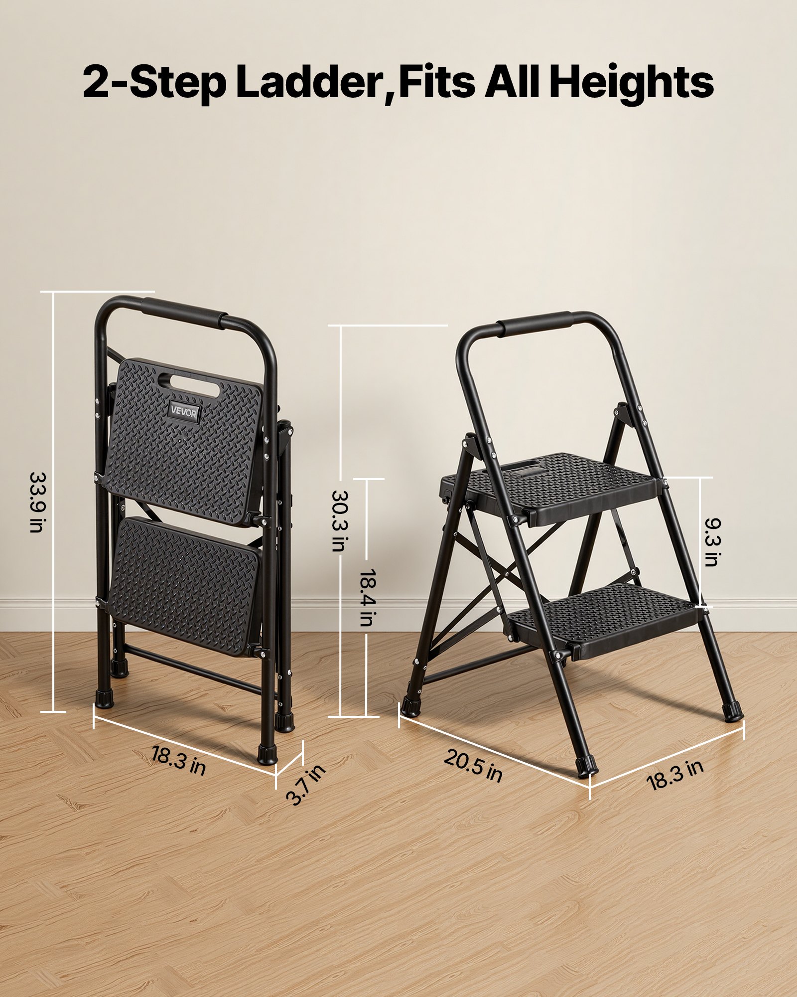 Escalera plegable VEVOR de 2 peldaños, con pedal ancho antideslizante y empuñadura cómoda, ligera, con capacidad para 272 kg (600 lbs), de acero portátil, multiusos para cocina, hogar, oficina, color negro.