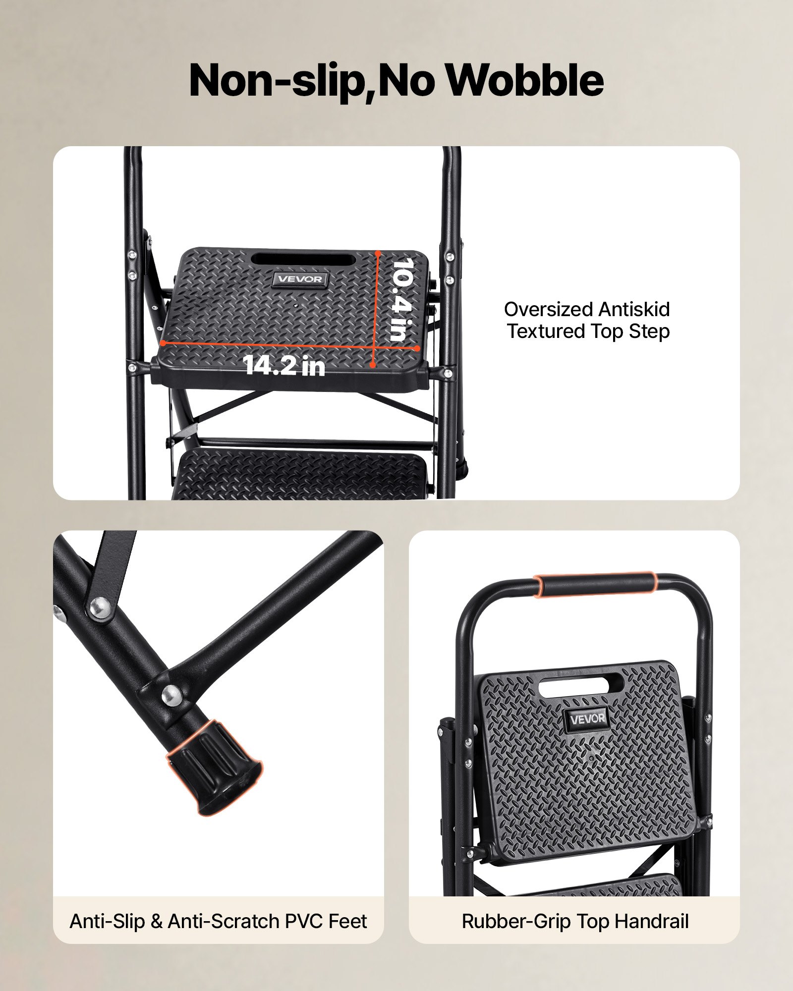 Escalera plegable VEVOR de 2 peldaños, con pedal ancho antideslizante y empuñadura cómoda, ligera, con capacidad para 272 kg (600 lbs), de acero portátil, multiusos para cocina, hogar, oficina, color negro.