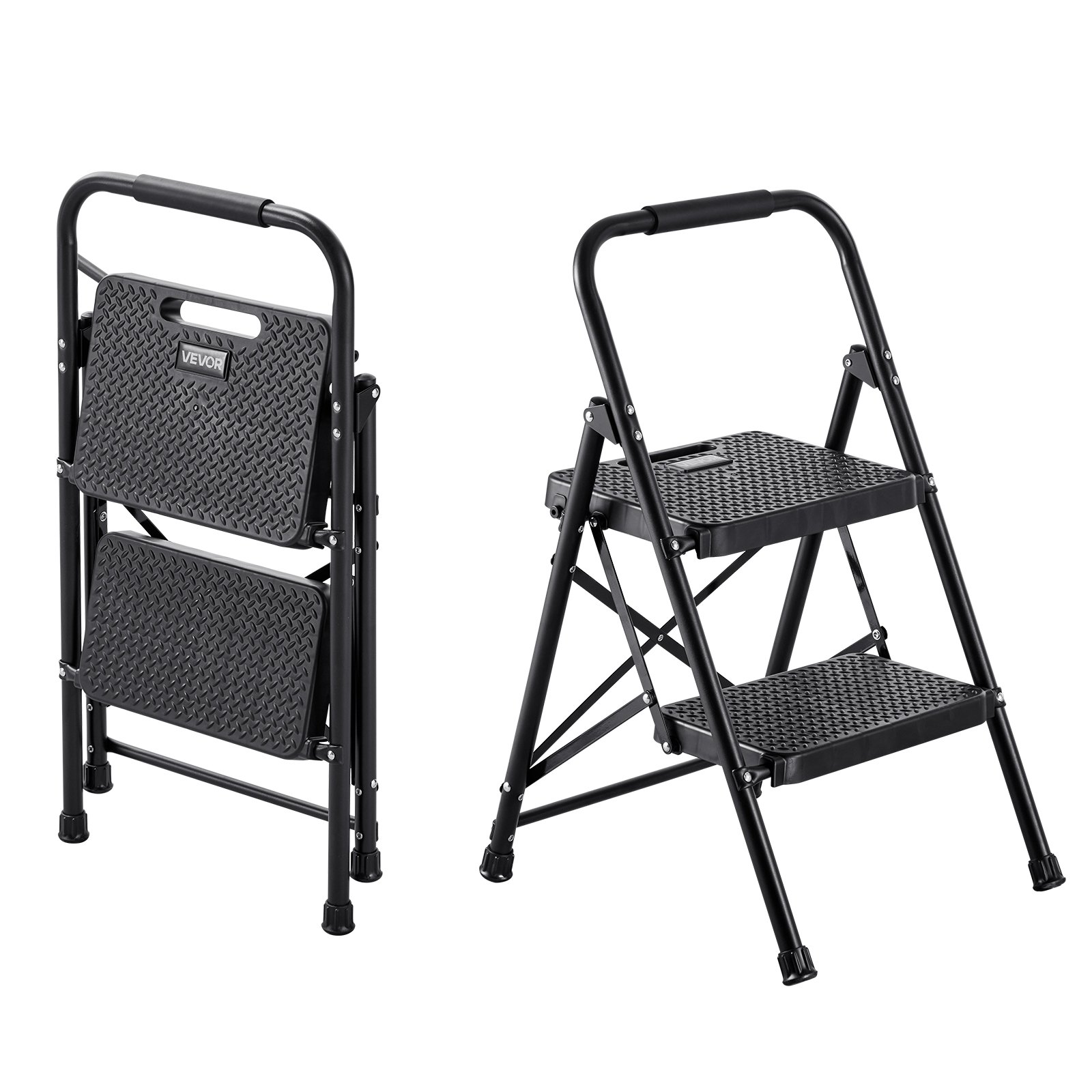 Escalera plegable VEVOR de 2 peldaños, con pedal ancho antideslizante y empuñadura cómoda, ligera, con capacidad para 272 kg (600 lbs), de acero portátil, multiusos para cocina, hogar, oficina, color negro.