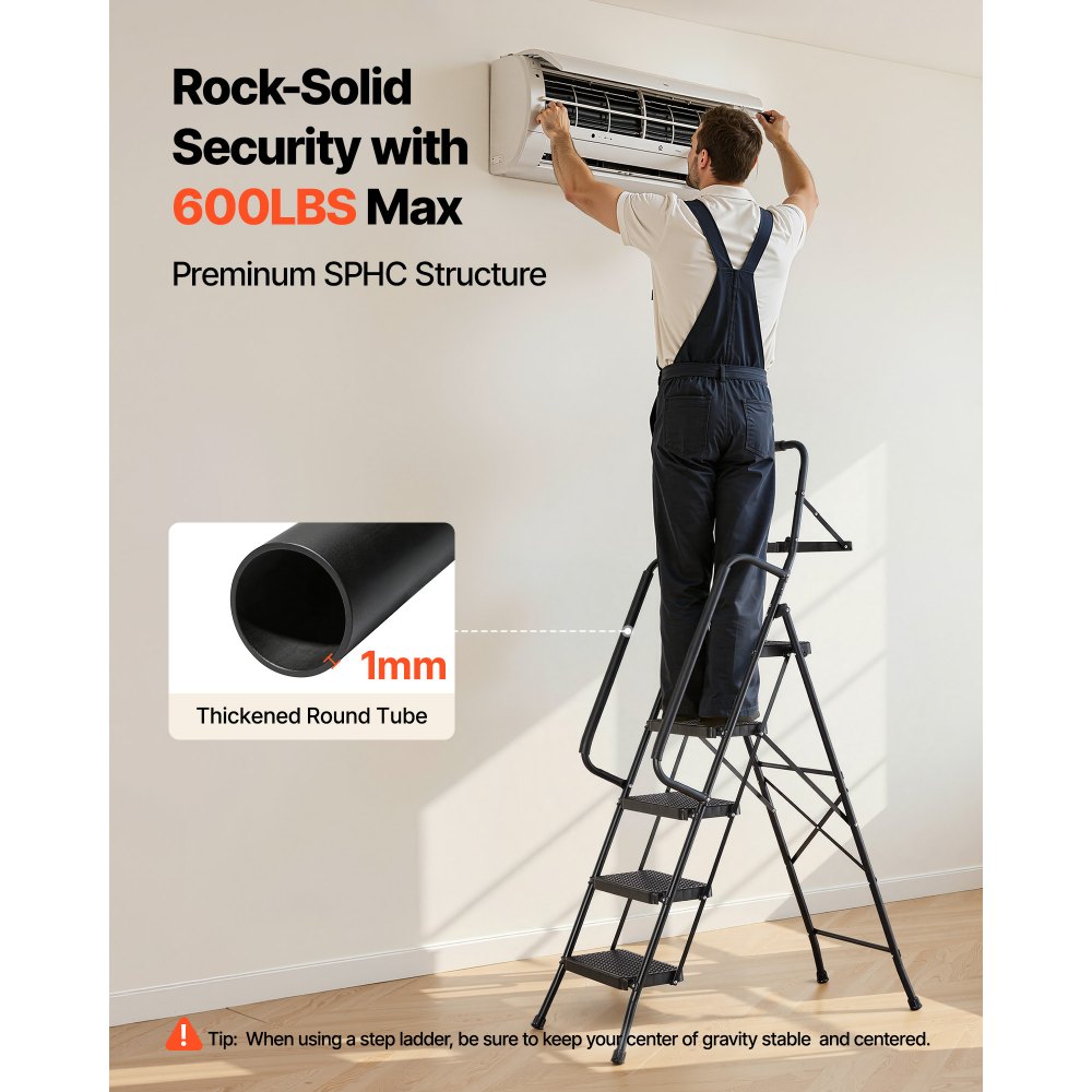 VEVOR Escalera Plegable de 5 Peldaños, Escalera de Tijera con Estructura de Acero, Capacidad de Carga Máx. 272 kg, con Pies Antideslizantes Bandeja de Herramientas Pasamanos, para Doméstico Oficina