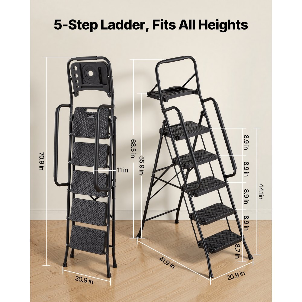 Escalera VEVOR de 5 peldaños, taburete plegable con pedal ancho antideslizante, bandeja para herramientas, pasamanos laterales dobles, escalera de acero portátil, multiusos para cocina, hogar, oficina, color negro.
