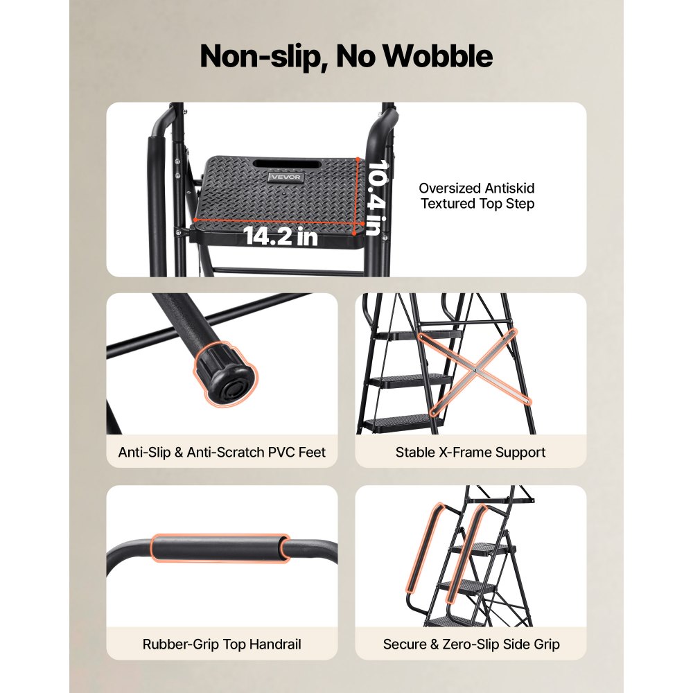 Escalera VEVOR de 5 peldaños, taburete plegable con pedal ancho antideslizante, bandeja para herramientas, pasamanos laterales dobles, escalera de acero portátil, multiusos para cocina, hogar, oficina, color negro.