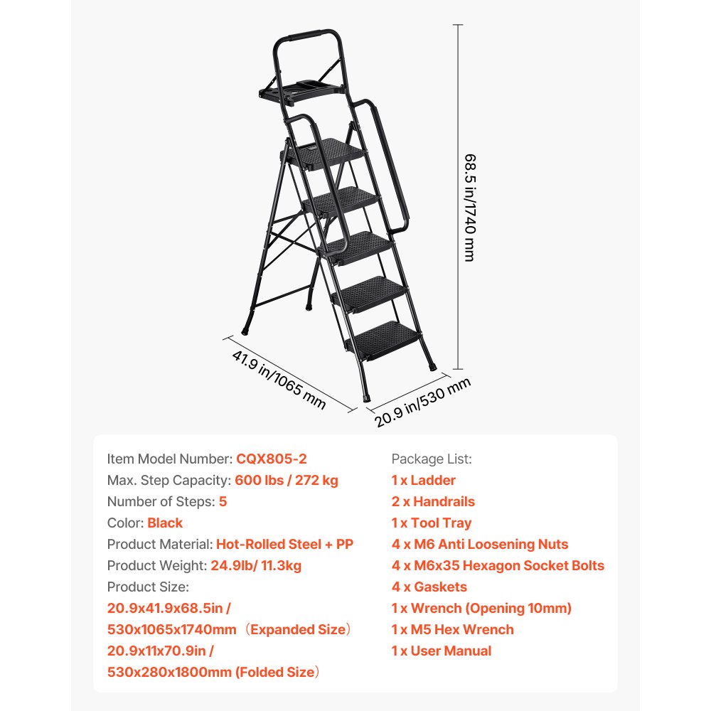 Escalera VEVOR de 5 peldaños, taburete plegable con pedal ancho antideslizante, bandeja para herramientas, pasamanos laterales dobles, escalera de acero portátil, multiusos para cocina, hogar, oficina, color negro.