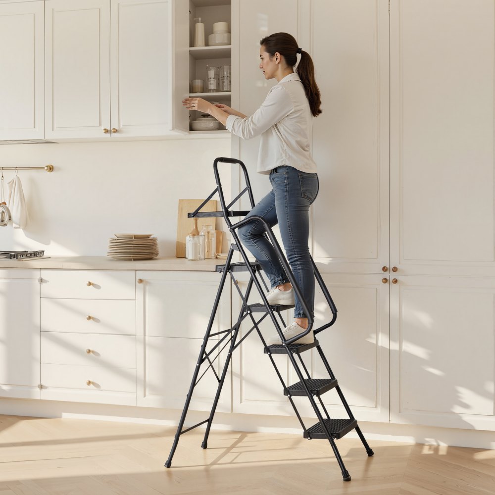 Escalera VEVOR de 5 peldaños, taburete plegable con pedal ancho antideslizante, bandeja para herramientas, pasamanos laterales dobles, escalera de acero portátil, multiusos para cocina, hogar, oficina, color negro.