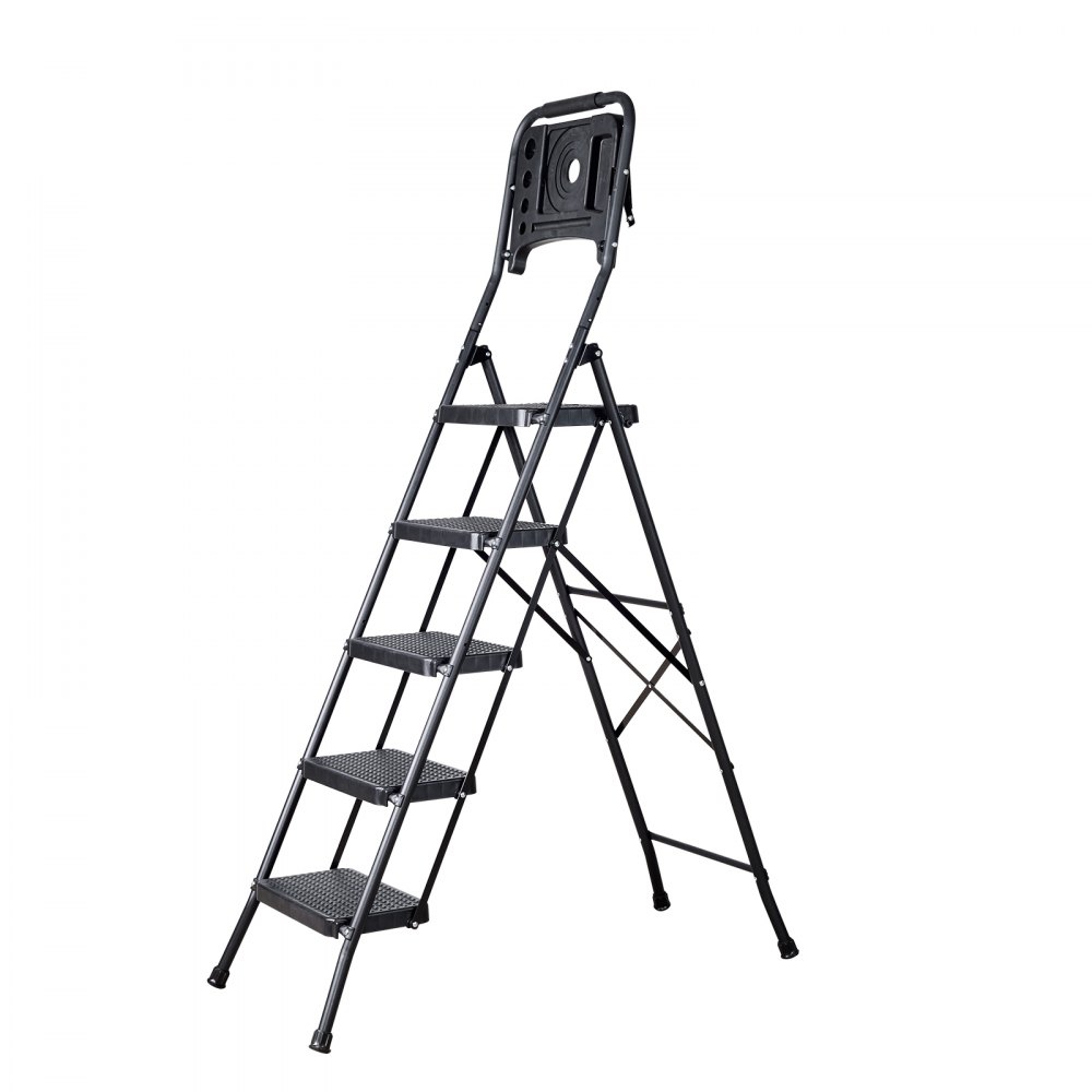 Escalera VEVOR de 5 peldaños, taburete plegable con pedal ancho antideslizante, bandeja para herramientas, pasamanos laterales dobles, escalera de acero portátil, multiusos para cocina, hogar, oficina, color negro.