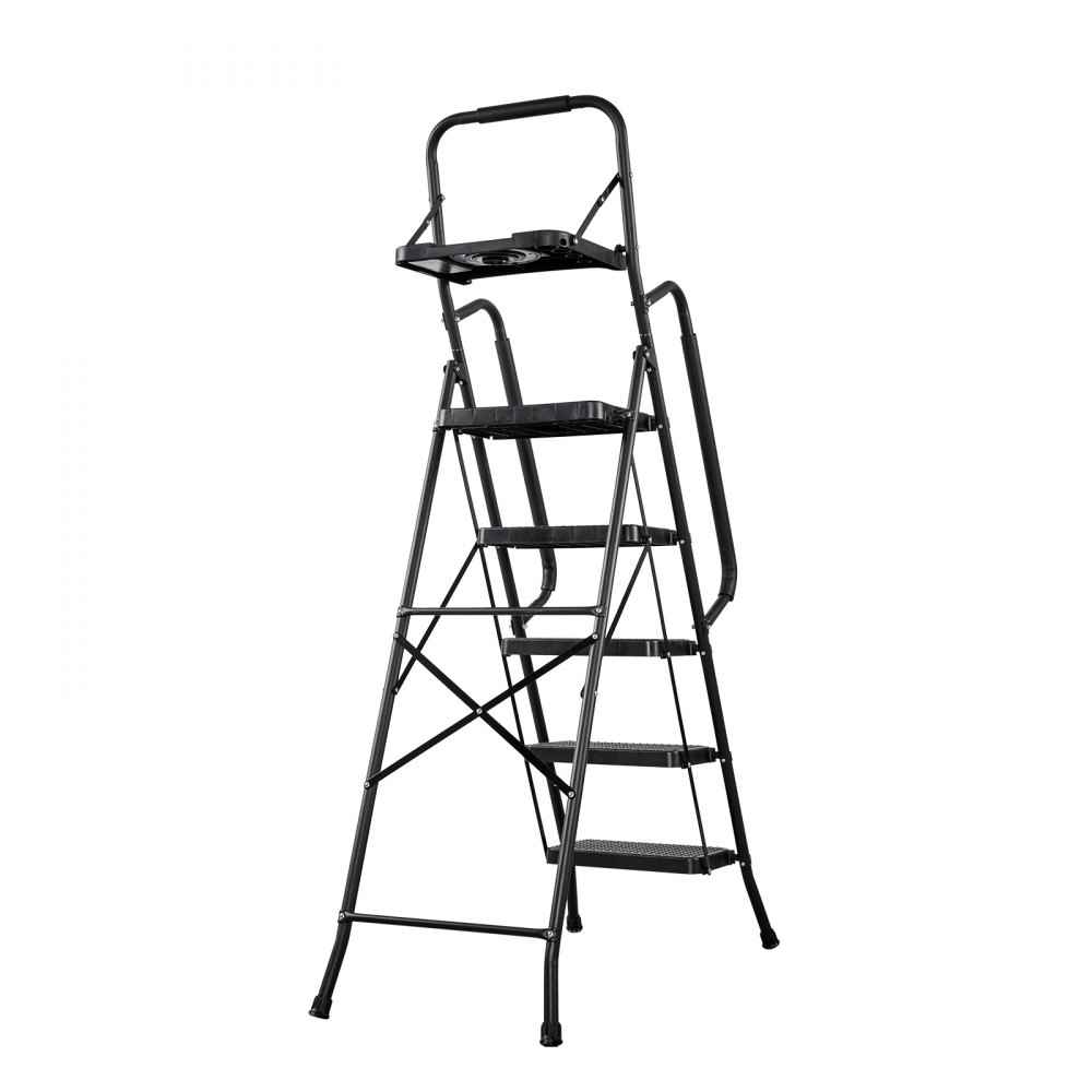 Escalera VEVOR de 5 peldaños, taburete plegable con pedal ancho antideslizante, bandeja para herramientas, pasamanos laterales dobles, escalera de acero portátil, multiusos para cocina, hogar, oficina, color negro.