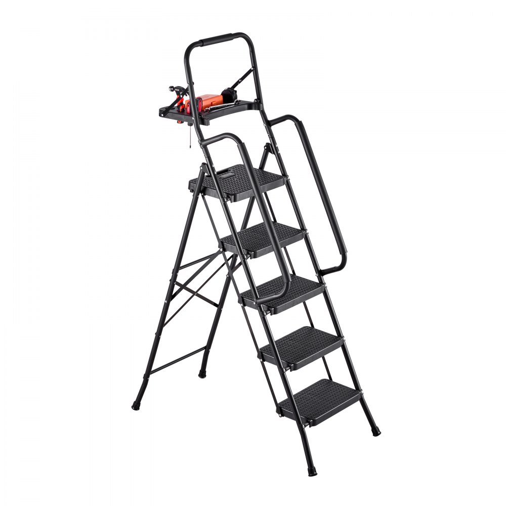 Escalera VEVOR de 5 peldaños, taburete plegable con pedal ancho antideslizante, bandeja para herramientas, pasamanos laterales dobles, escalera de acero portátil, multiusos para cocina, hogar, oficina, color negro.