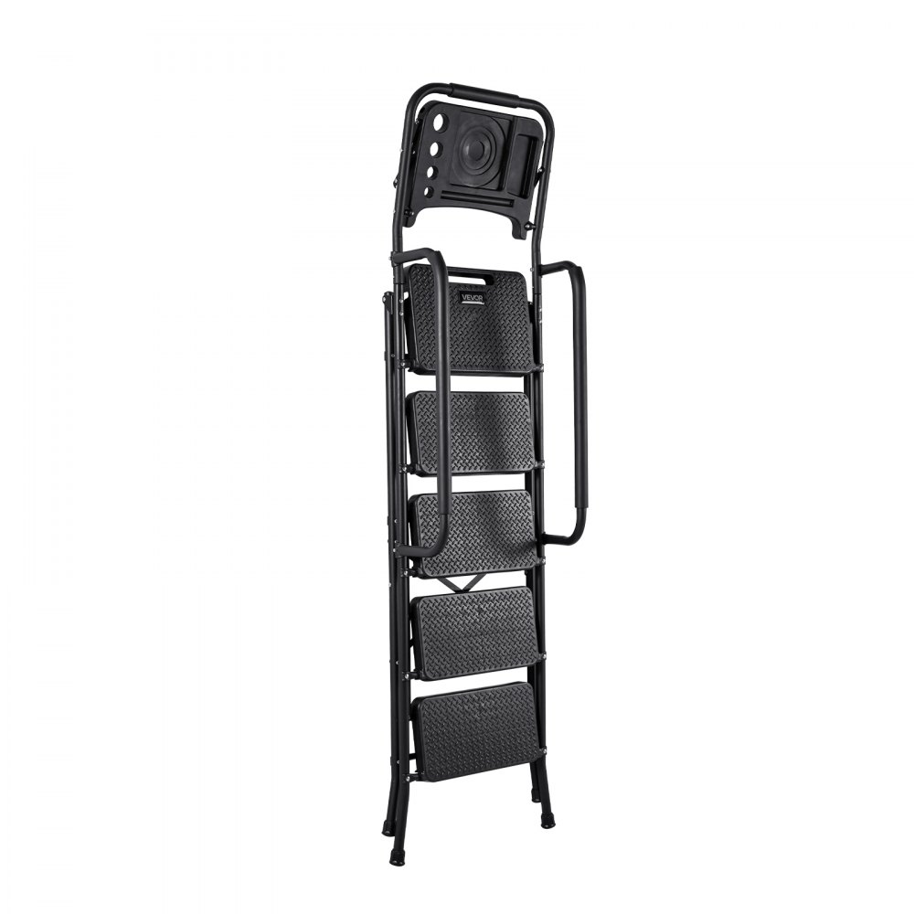 Escalera VEVOR de 5 peldaños, taburete plegable con pedal ancho antideslizante, bandeja para herramientas, pasamanos laterales dobles, escalera de acero portátil, multiusos para cocina, hogar, oficina, color negro.
