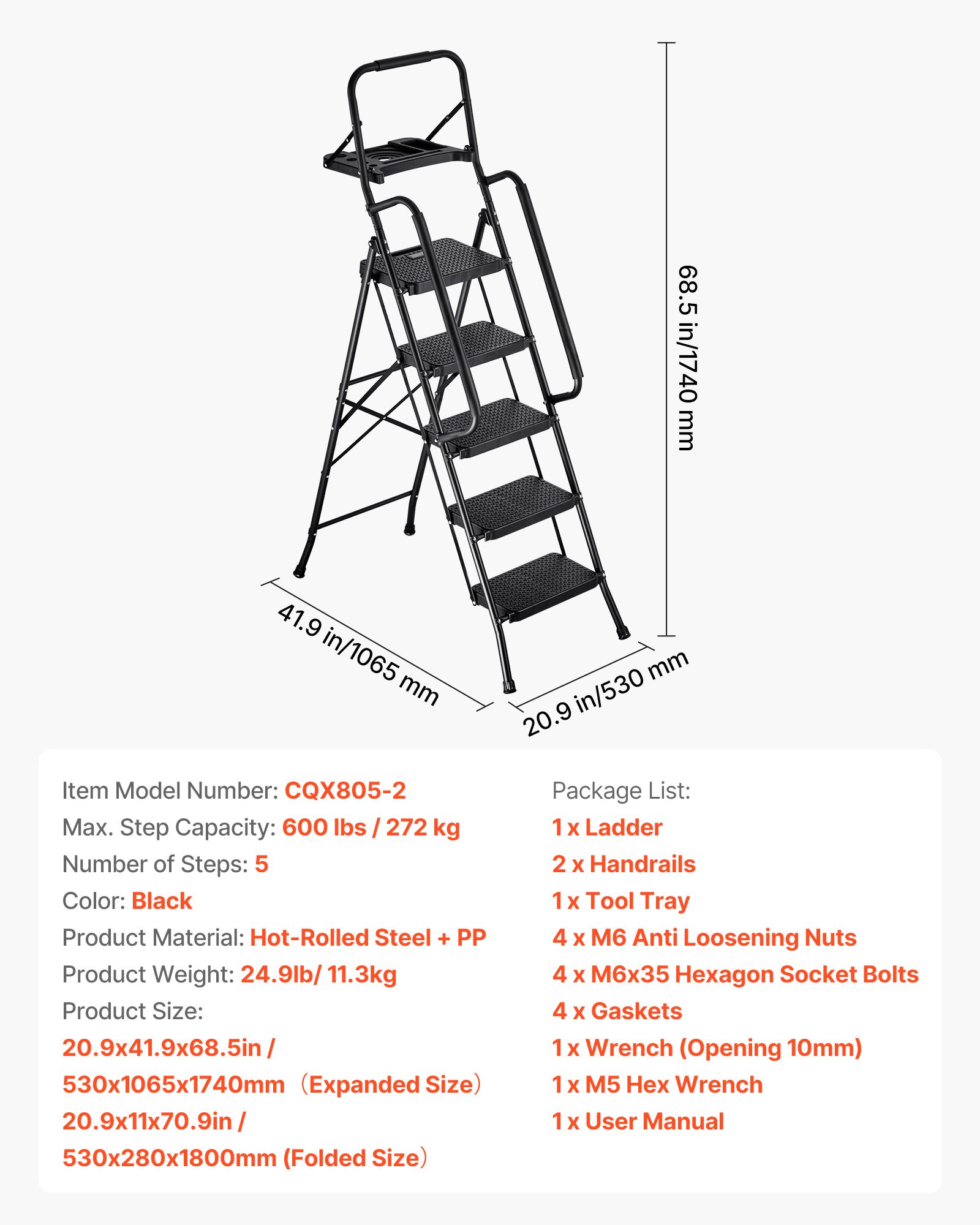VEVOR Escalera Plegable de 5 Peldaños, Escalera de Tijera con Estructura de Acero, Capacidad de Carga Máx. 272 kg, con Pies Antideslizantes Bandeja de Herramientas Pasamanos, para Doméstico Oficina