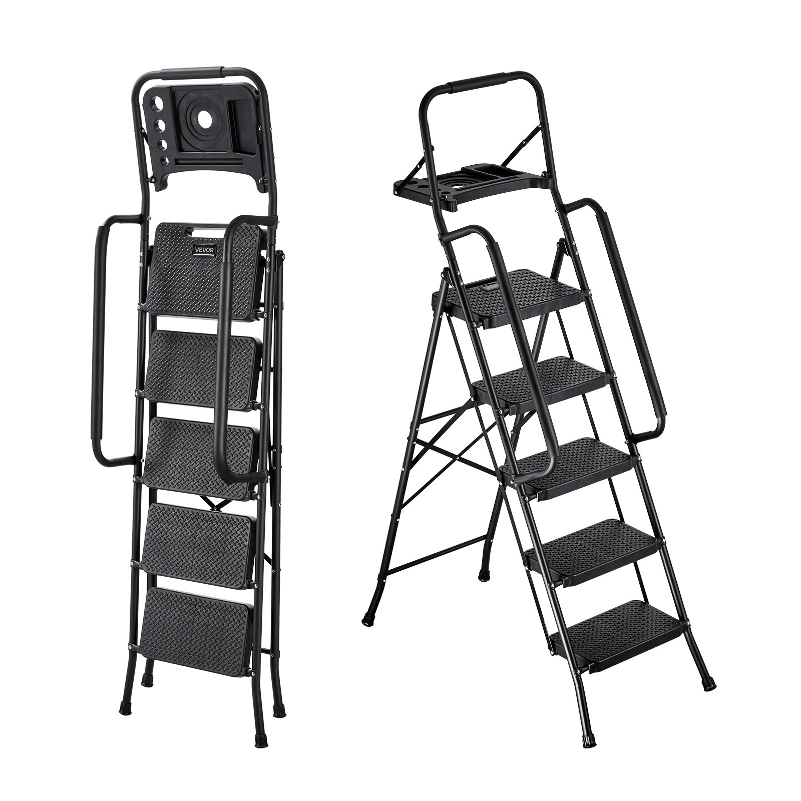 Escalera VEVOR de 5 peldaños, taburete plegable con pedal ancho antideslizante, bandeja para herramientas, pasamanos laterales dobles, escalera de acero portátil, multiusos para cocina, hogar, oficina, color negro.