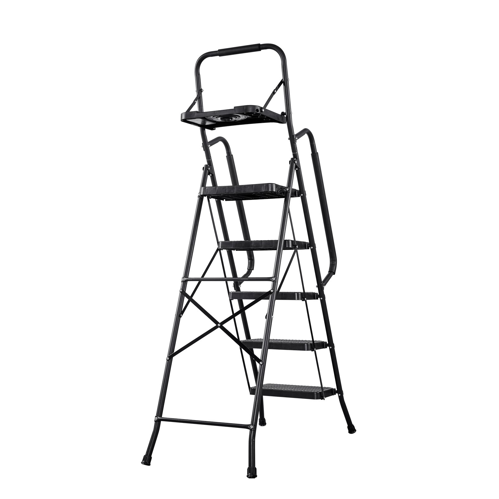 Escalera VEVOR de 5 peldaños, taburete plegable con pedal ancho antideslizante, bandeja para herramientas, pasamanos laterales dobles, escalera de acero portátil, multiusos para cocina, hogar, oficina, color negro.