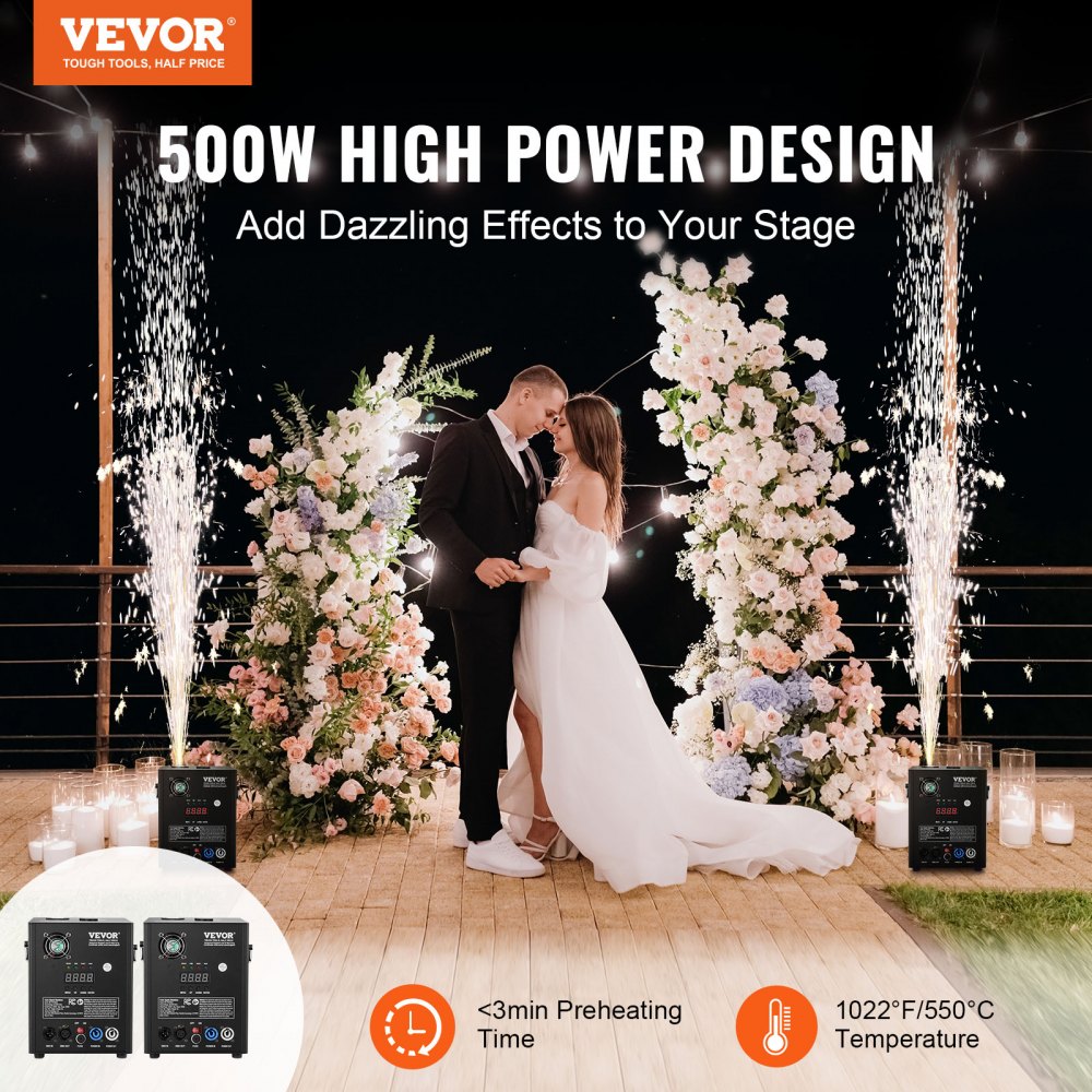 Máquina de chispa fría VEVOR, paquete de 2 controladores de fuegos artificiales de 500 W, altura ajustable de 2 a 4 m, con sistema DMX avanzado, pantalla LED, asa portátil, aleación de aluminio para DJ, bodas, eventos y fiestas.