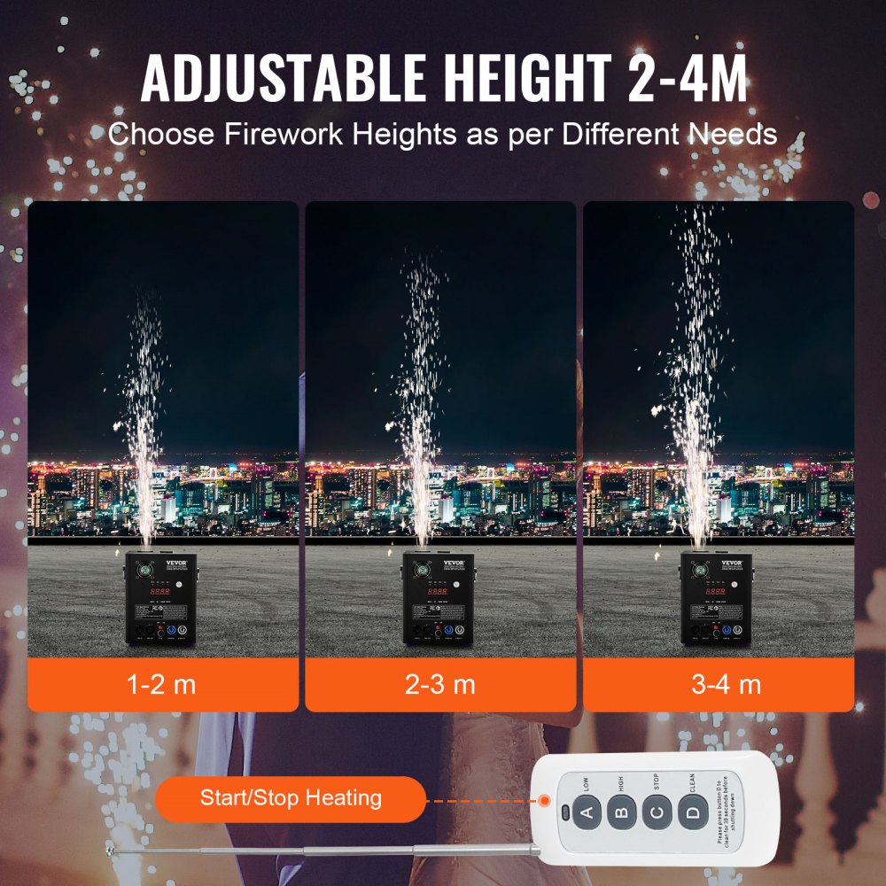 Máquina de chispa fría VEVOR, paquete de 2 controladores de fuegos artificiales de 500 W, altura ajustable de 2 a 4 m, con sistema DMX avanzado, pantalla LED, asa portátil, aleación de aluminio para DJ, bodas, eventos y fiestas.