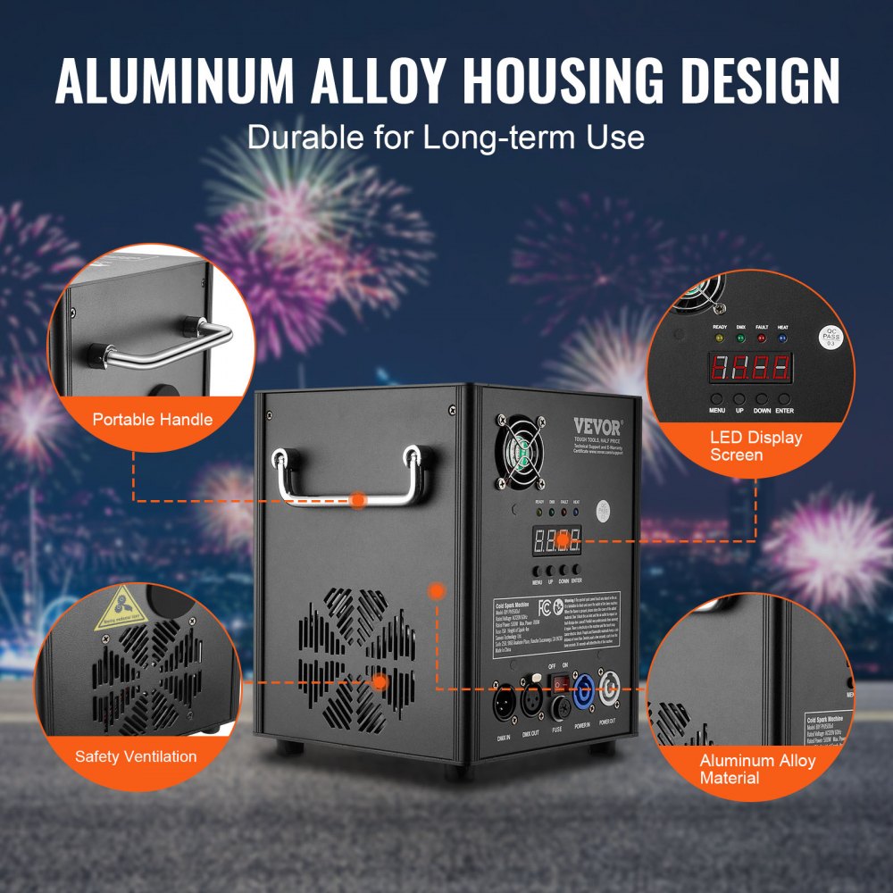 Máquina de chispa fría VEVOR, paquete de 2 controladores de fuegos artificiales de 500 W, altura ajustable de 2 a 4 m, con sistema DMX avanzado, pantalla LED, asa portátil, aleación de aluminio para DJ, bodas, eventos y fiestas.