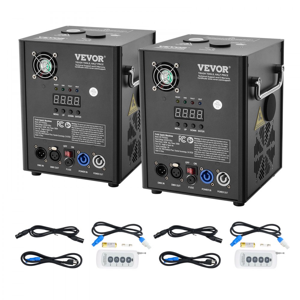 Máquina de chispa fría VEVOR, paquete de 2 controladores de fuegos artificiales de 500 W, altura ajustable de 2 a 4 m, con sistema DMX avanzado, pantalla LED, asa portátil, aleación de aluminio para DJ, bodas, eventos y fiestas.