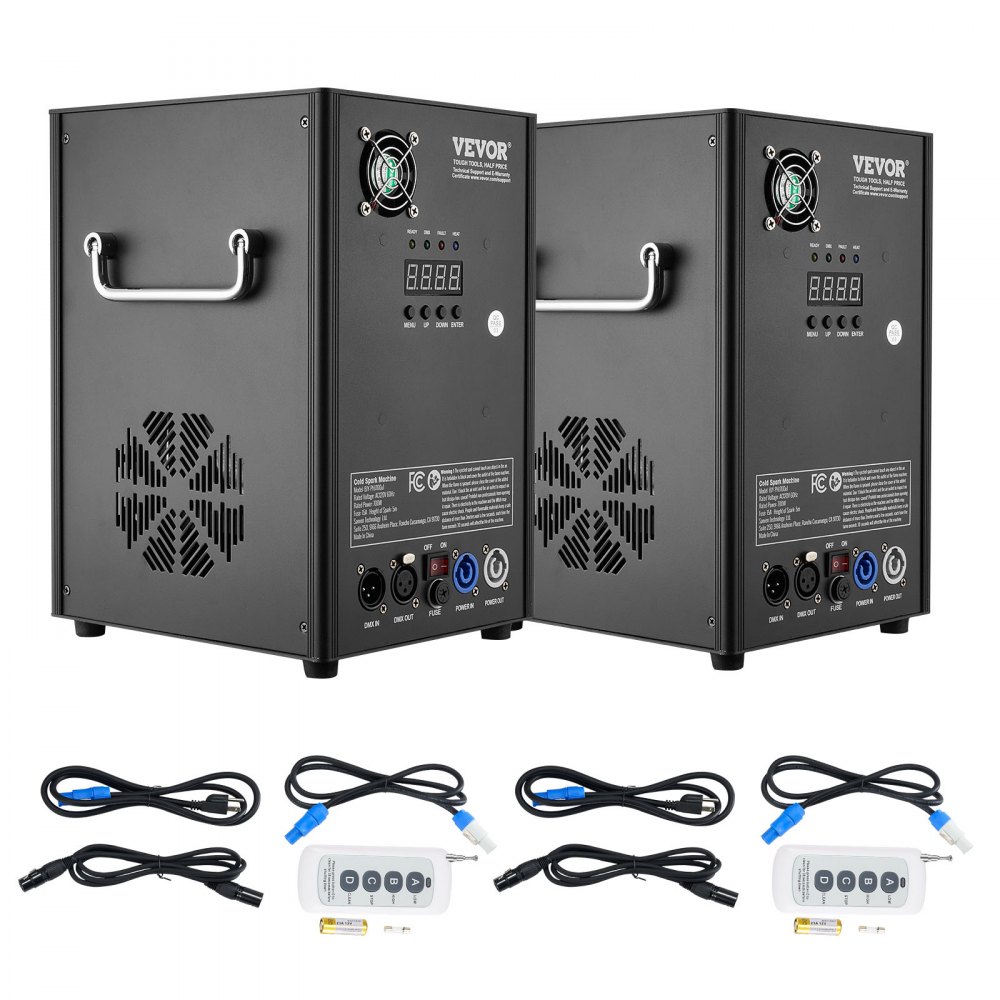 Máquina de chispas frías VEVOR, paquete de 2 controladores de fuegos artificiales de 700 W de potencia, altura ajustable de 2 a 5 metros, con sistema DMX avanzado, pantalla LED, asa portátil, aleación de aluminio para DJ de escenario, bodas, eventos y fiestas.