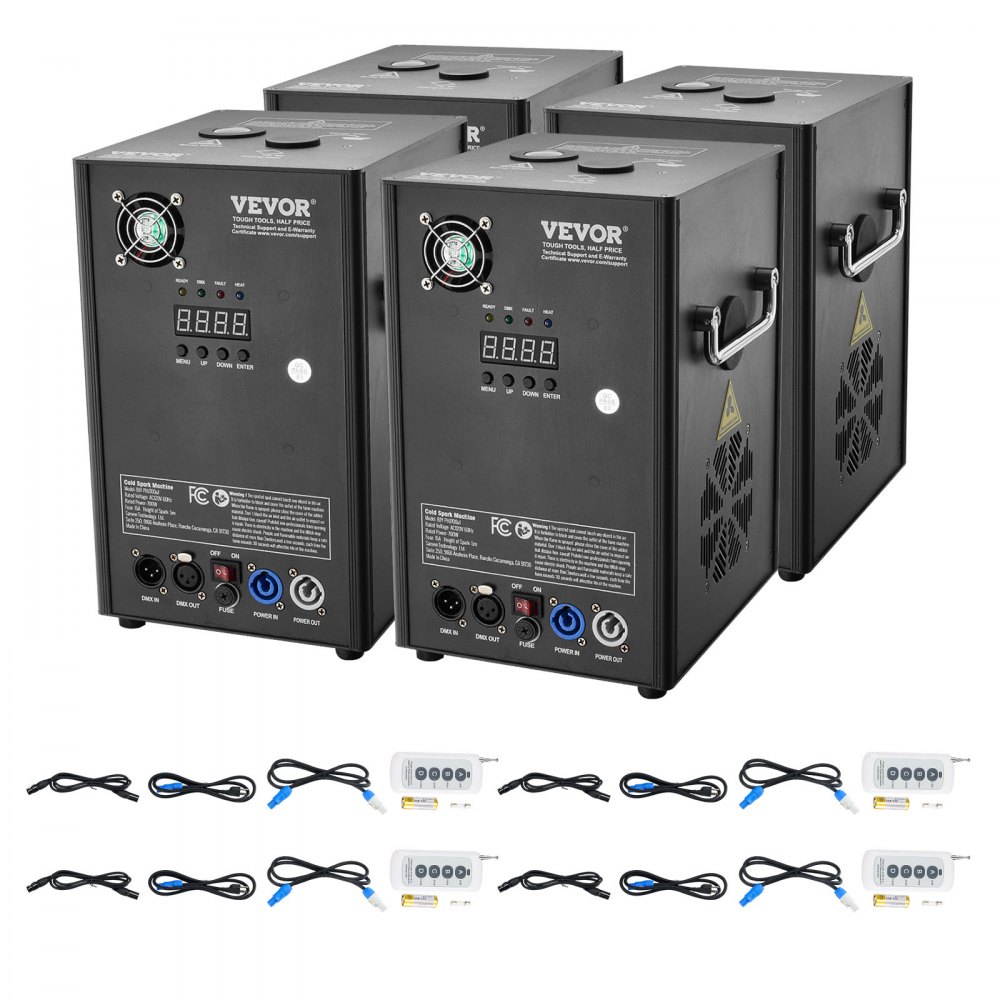 Máquina de chispa fría VEVOR, paquete de 4 controladores de fuegos artificiales de 700 W, altura ajustable de 2 a 5 m, con sistema DMX avanzado, pantalla LED, asa portátil, aleación de aluminio para DJ, bodas, eventos y fiestas.