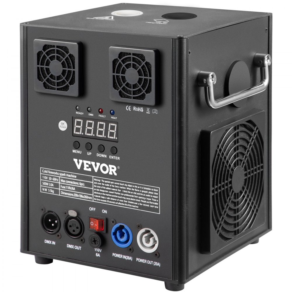 Máquina de efectos de escenario VEVOR con ventiladores dobles, panel de control y varias entradas de alimentación.