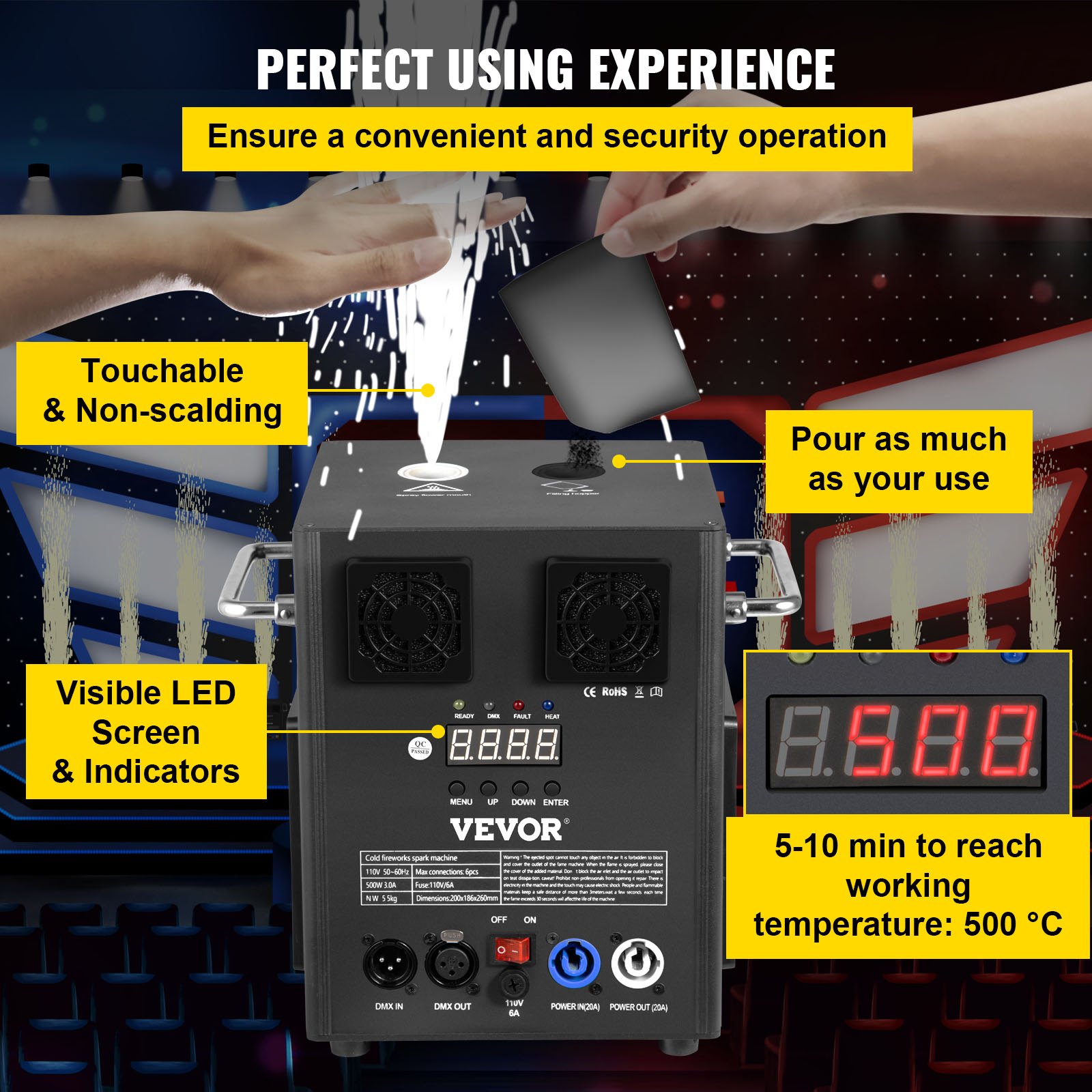 Máquina de efectos de escenario VEVOR con pantalla LED, superficie táctil y funciones de seguridad.