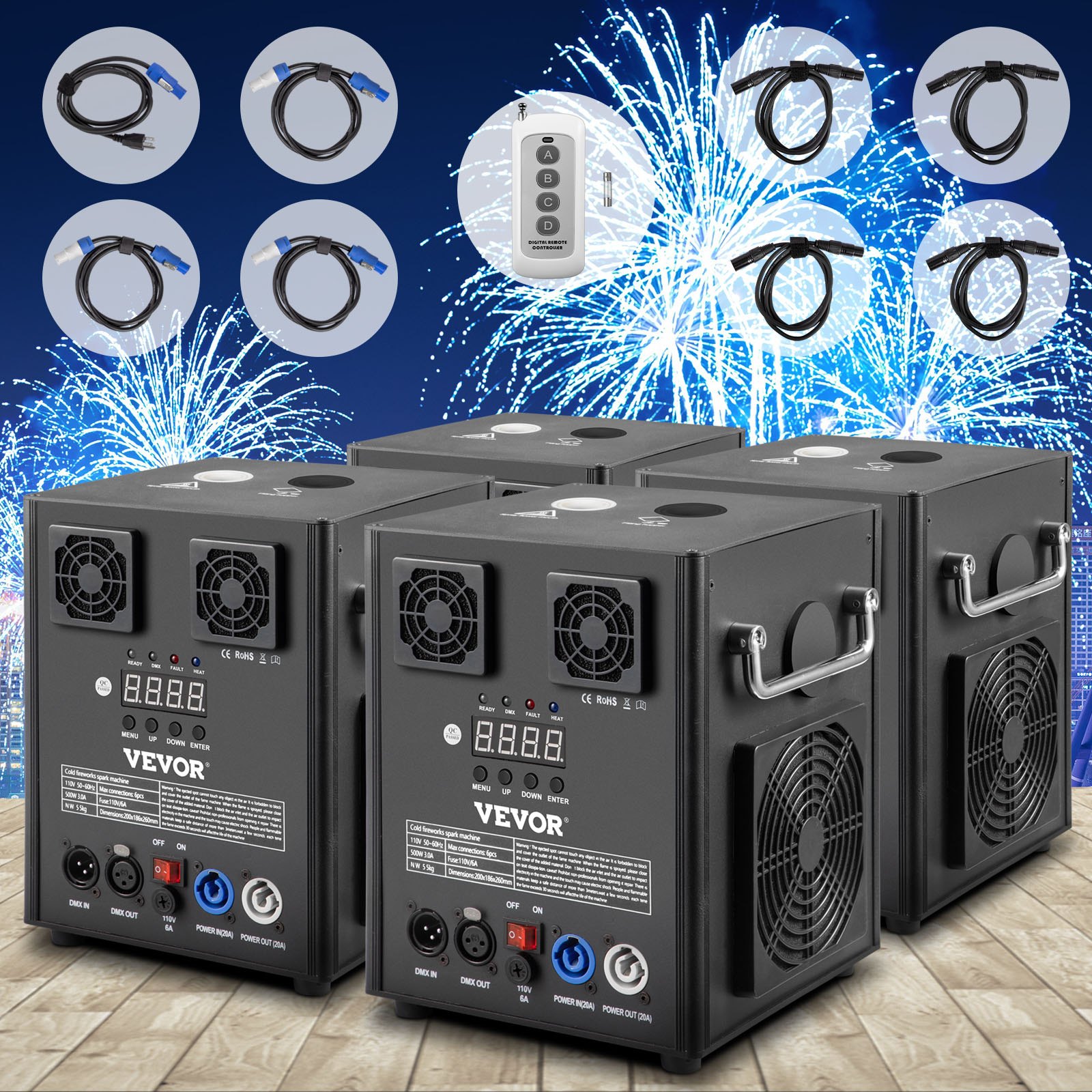 Máquina de efectos de escenario VEVOR con cables y control remoto, con fondo de fuegos artificiales.