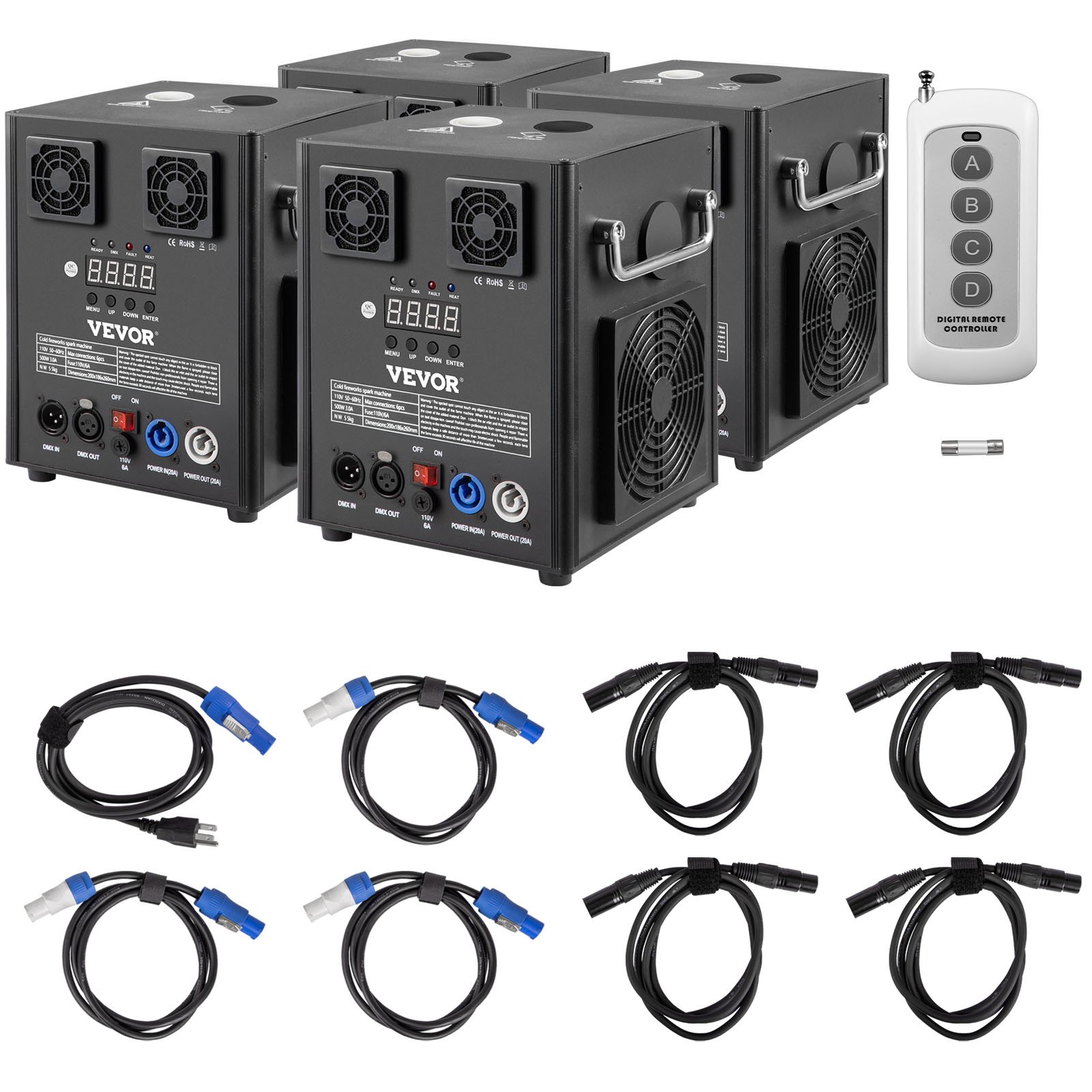 Máquina de efectos de escenario VEVOR con control remoto y múltiples cables.
