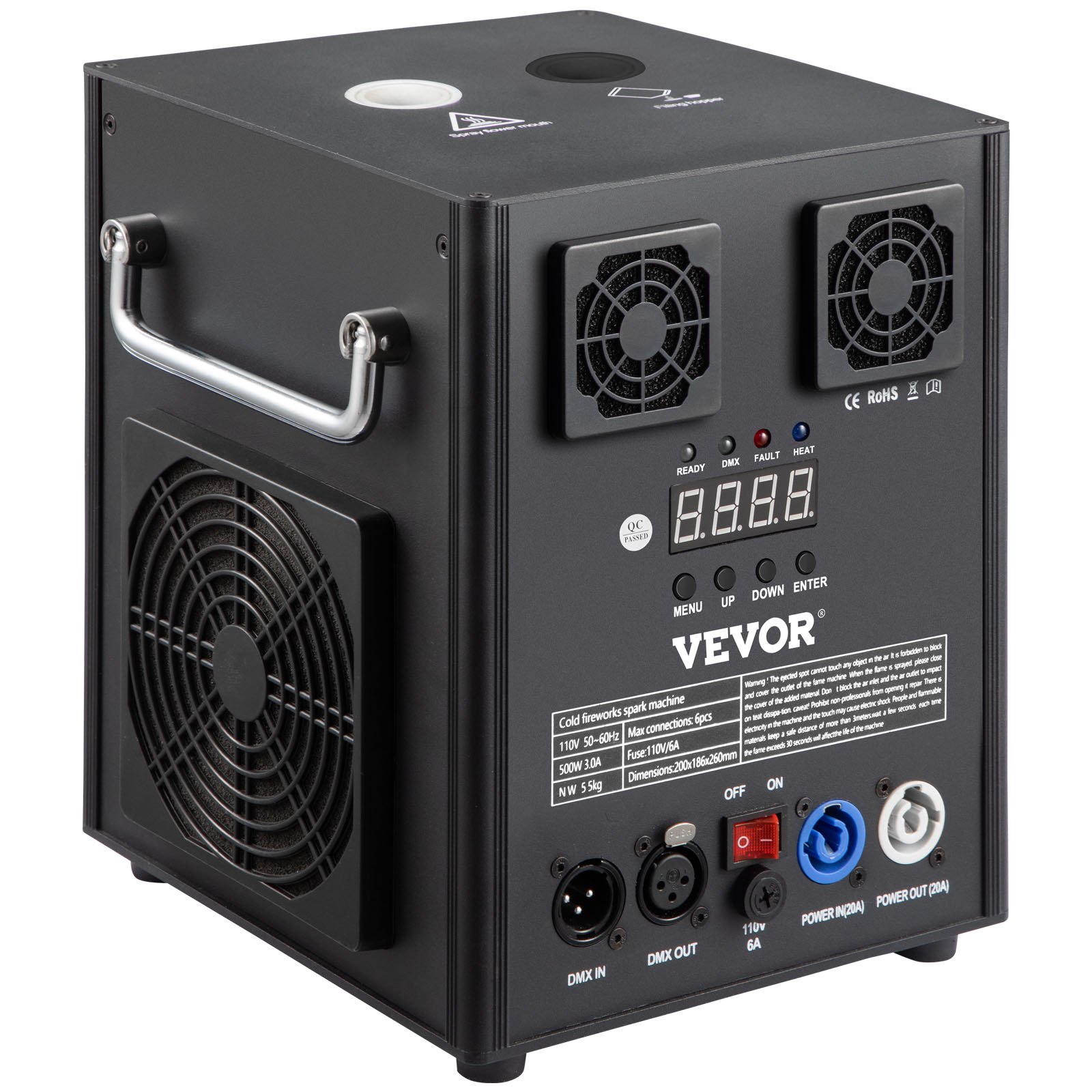 Máquina de efectos de escenario VEVOR negra con ventiladores de refrigeración y panel de control.