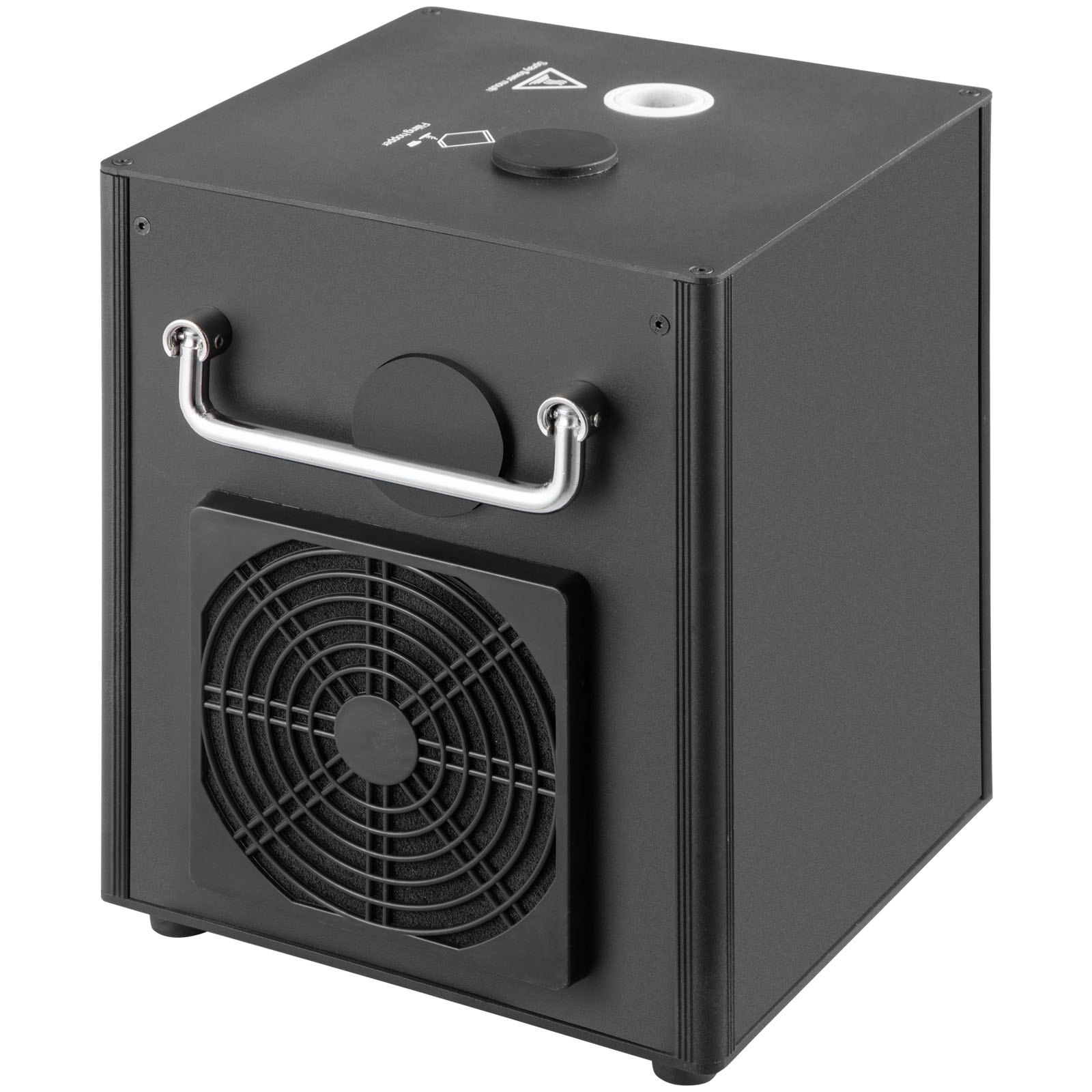 Máquina de efectos de escenario VEVOR negra con asa y ventilador de refrigeración.